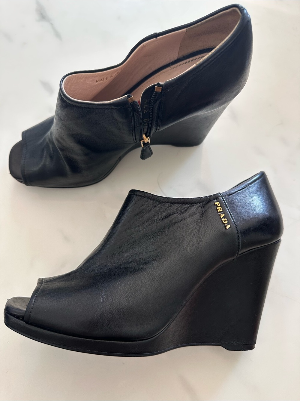 Prada peep toe wedge‎ booties authentic size 37.5 black
